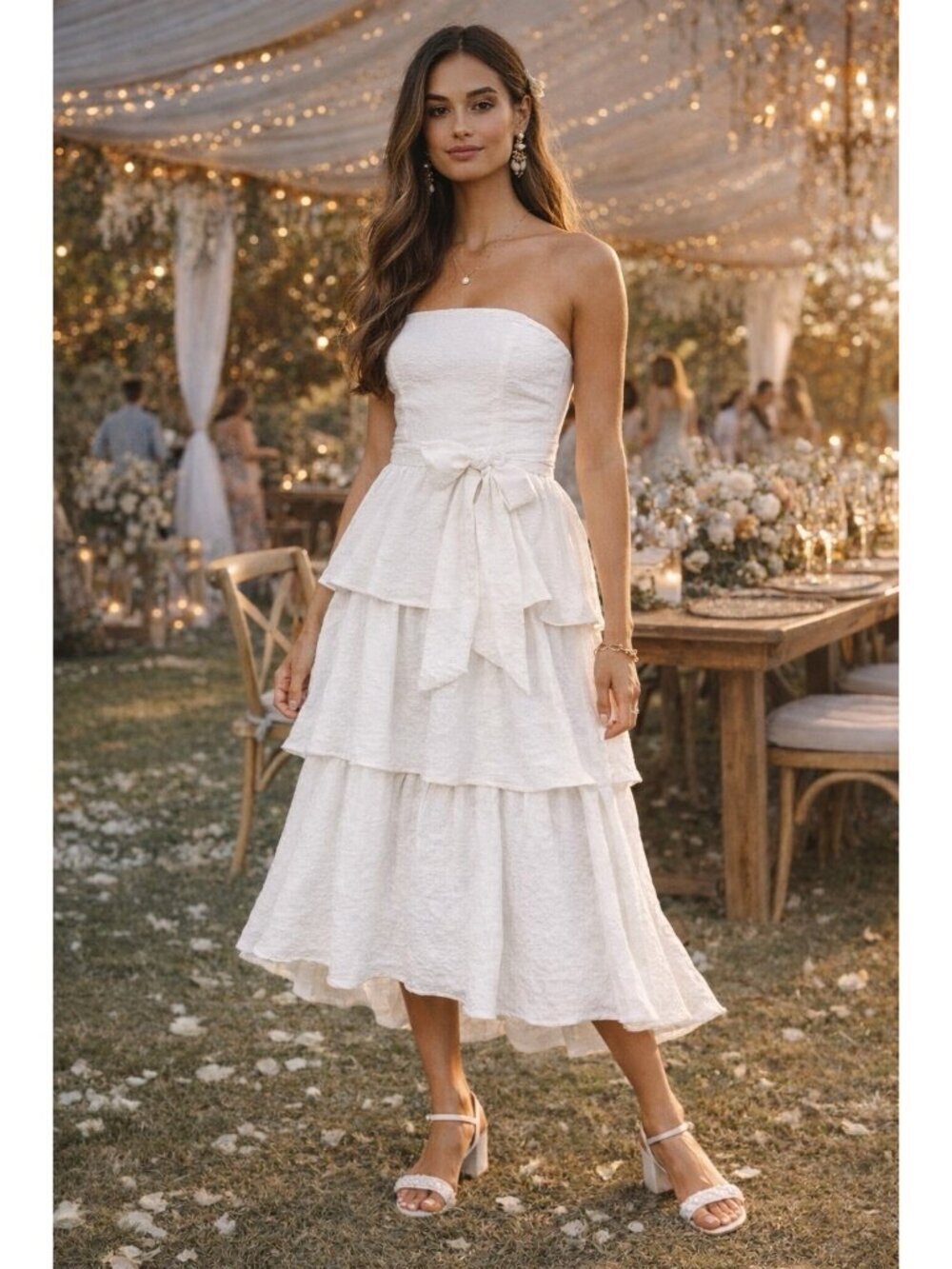 Lulus Truly Marvelous Midi Dress Sz Small White Jacquard Strapless Tiered Belted - Picture 2 of 7